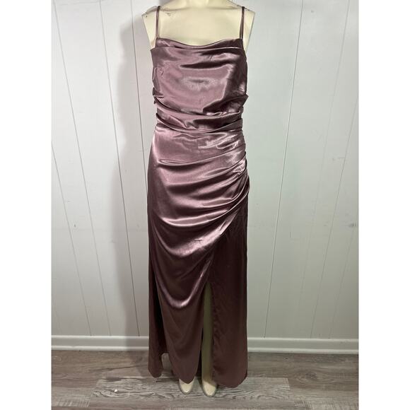 Birdy Grey Lydia Maxi Dress in Shiny Satin Dark Mauve. Size L - Picture 4 of 9